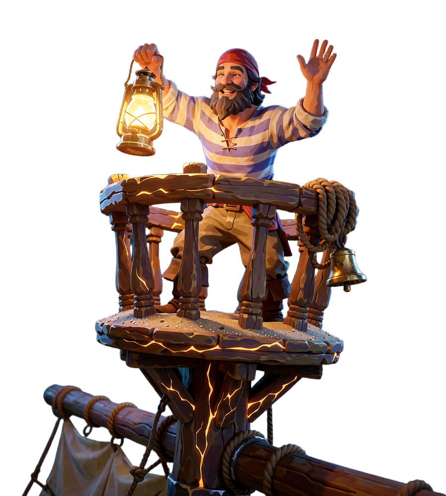 Piratudkig i en udkigskurv om natten holder en lysende messinglanterne - 24/7 live chat hos Smash Casino