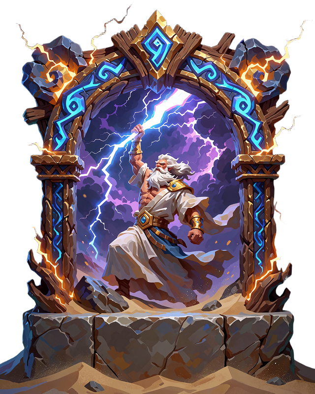 Hvidsk&aelig;gget tordengud med lyn i h&aring;nden i en bl&aring; stenbue, artwork til mytologi-slotten Le Zeus