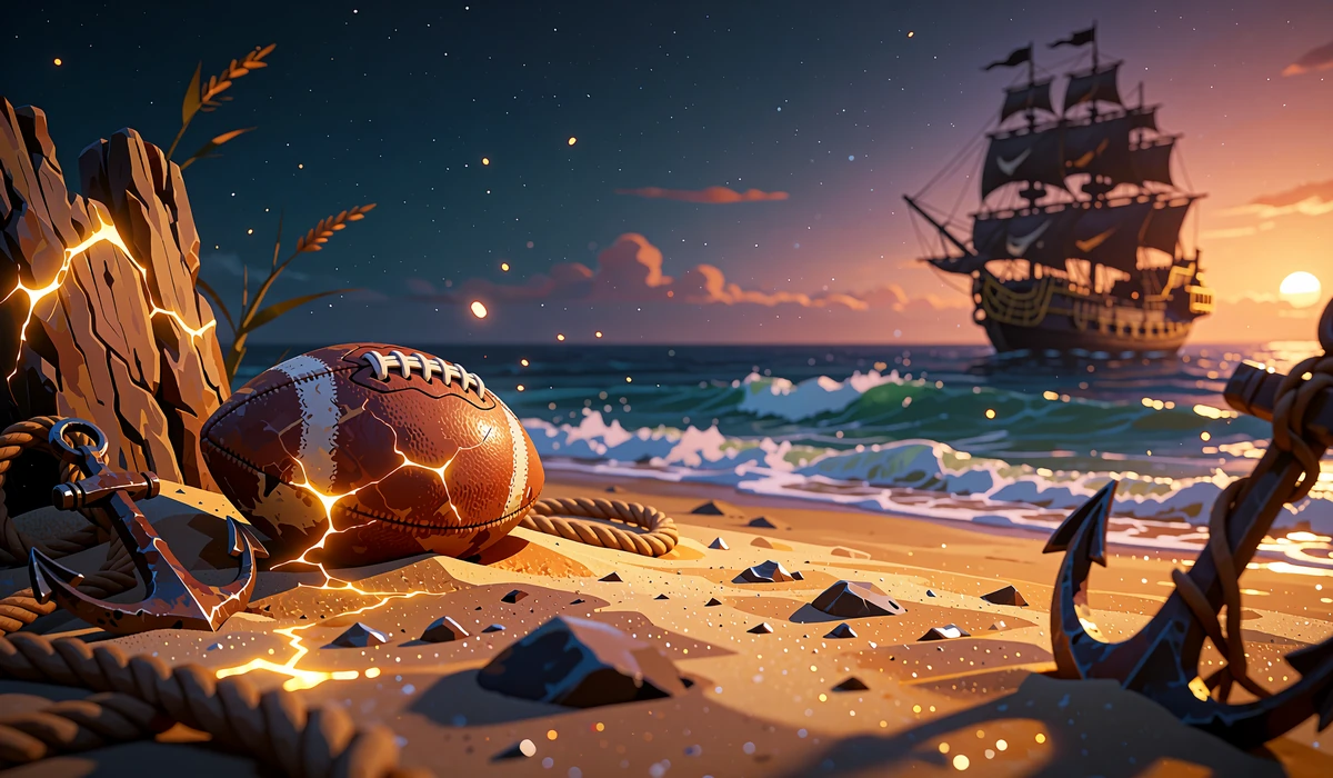 L&aelig;derfodbold p&aring; gylden strand ved et anker og et tov med piratskib p&aring; horisonten i solnedgang, sportsbook-motiv