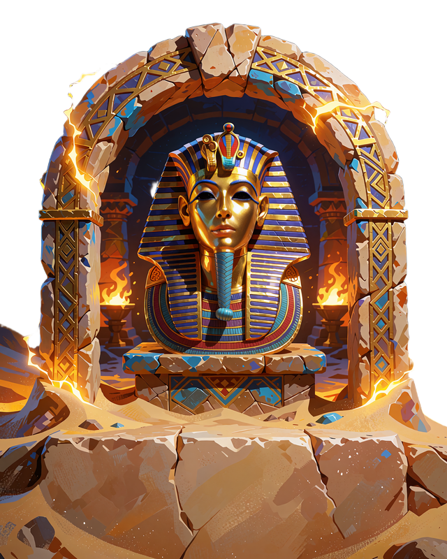 Sandstensbue med gylden faraomaske mellem to b&aring;l i et gravkammer, artwork til Egypten-slots hos Smash Casino