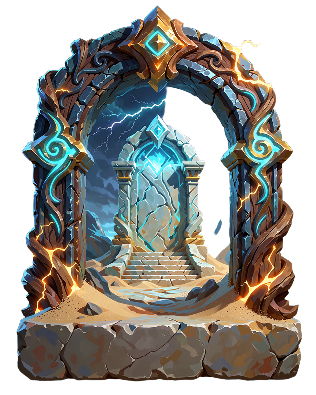 Stenbue med bl&aring; runer og en isbl&aring; portal under lyn, slot-artwork til Gates of Thrones hos Smash Casino