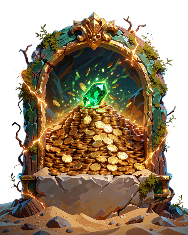 Mosgroet stenbue med en bunke guldm&oslash;nter kronet af en lysende smaragd, artwork til jackpot-slots som Mega Moolah